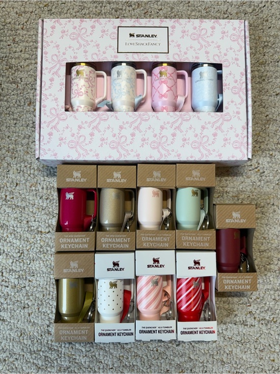 Stanley Other - 14 Stanley Mini Ornament Keychains - New in Boxes! LoveShackFancy & Elf colabs